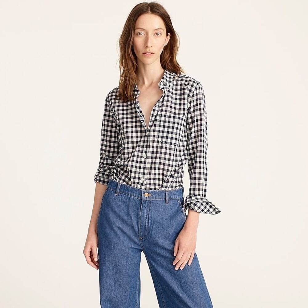 J. Crew Classic Fit Button Down Shirt in Crinkle Gingham Navy White Size 12